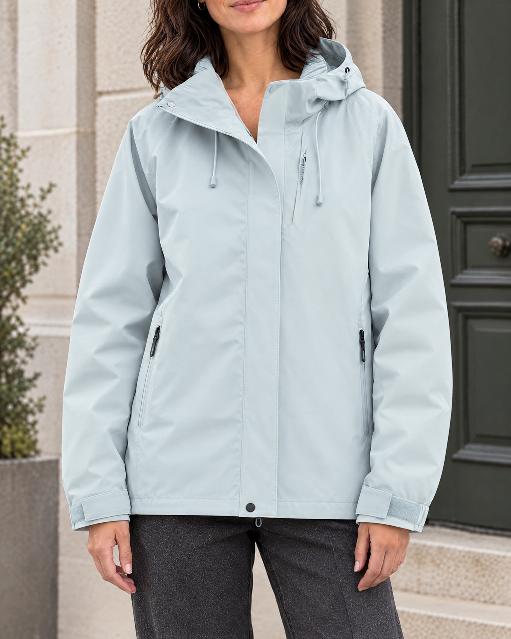 Women's Hooded Outdoor Jacket — Earthy blue single jacket — hero [WB gallery 135/1]
