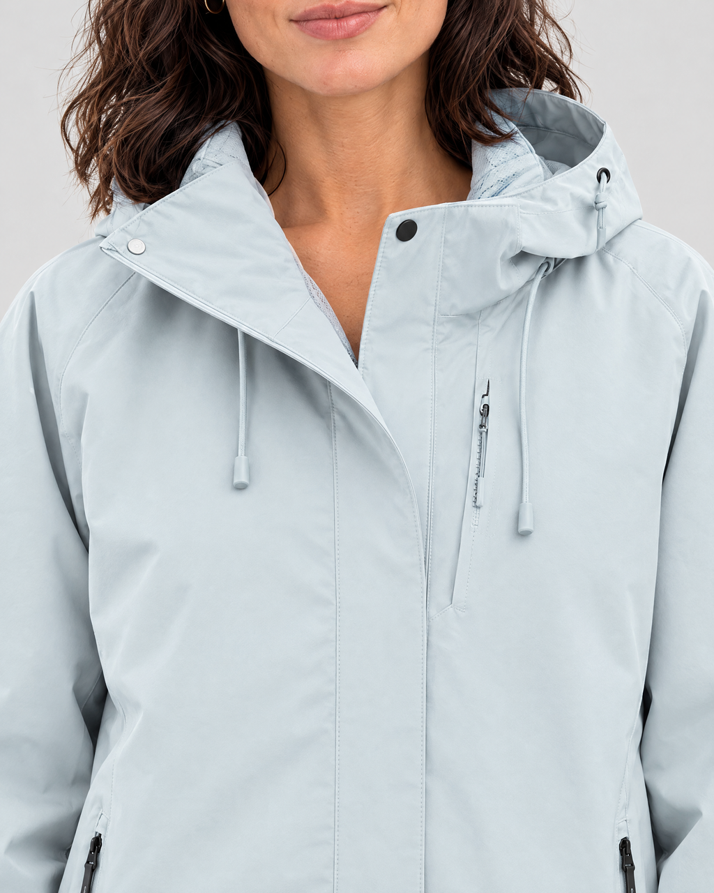 Women's Hooded Outdoor Jacket — Earthy blue single jacket — collar detail [WB gallery 135/4]