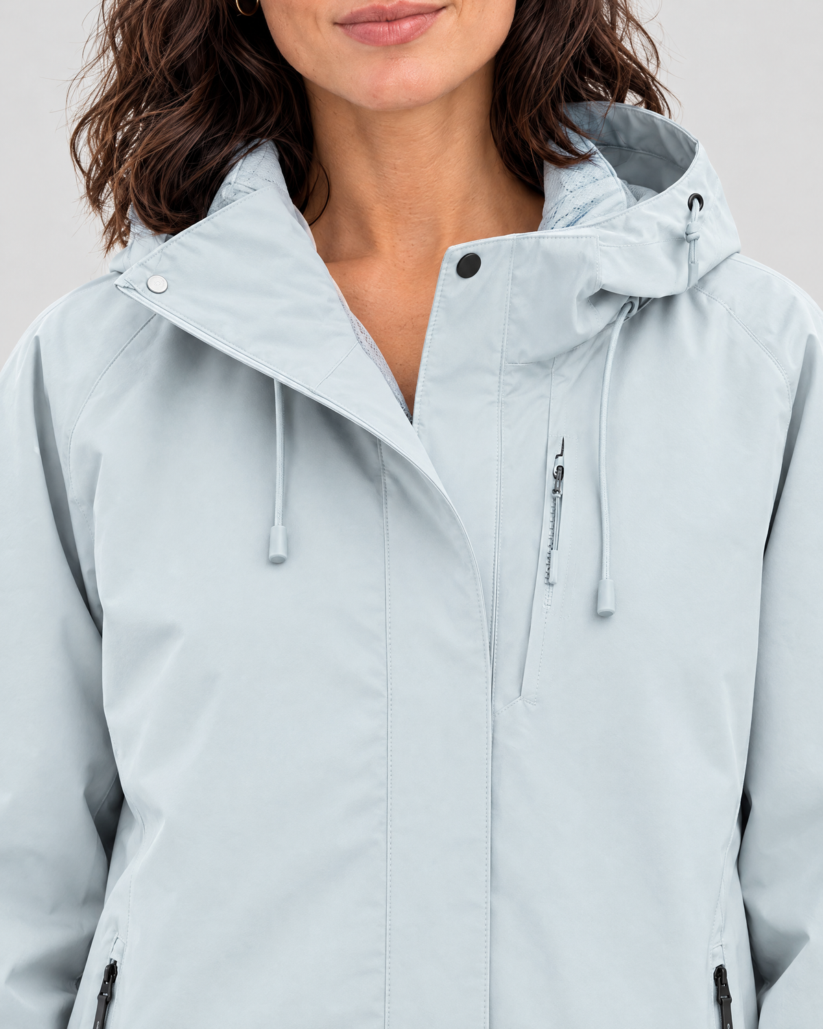Women's Hooded Outdoor Jacket — Earthy blue single jacket — collar detail [WB gallery 135/4]