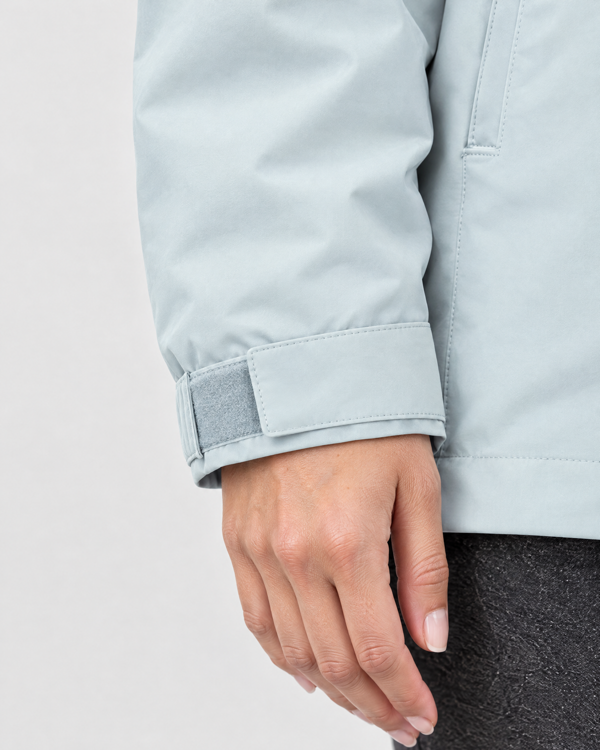Women's Hooded Outdoor Jacket — Earthy blue single jacket — cuff detail [WB gallery 135/5]