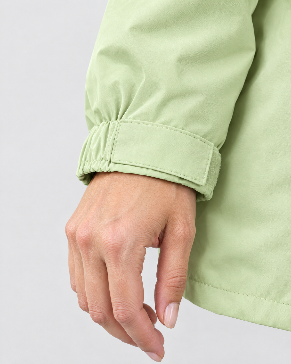 Women's Hooded Outdoor Jacket — Mint Green Single Jacket — cuff detail [WB gallery 136/5]