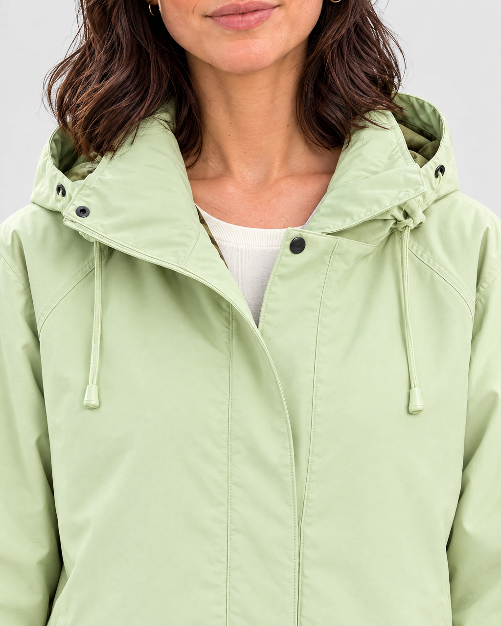 Women's Hooded Outdoor Jacket — Mint Green Single Jacket — collar detail [WB gallery 136/4]