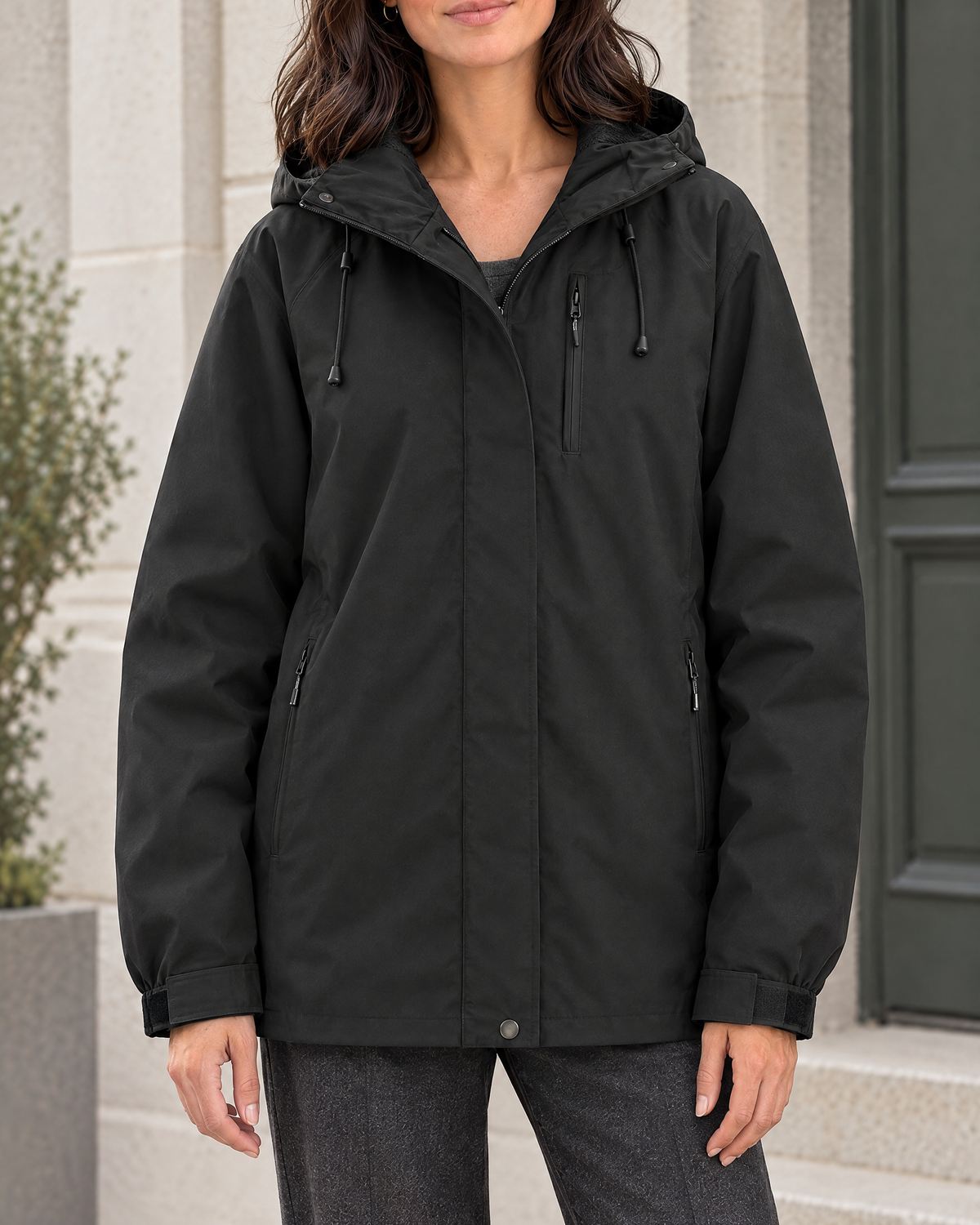 Women's Hooded Outdoor Jacket — Black single jacket — hero [WB gallery 139/1]