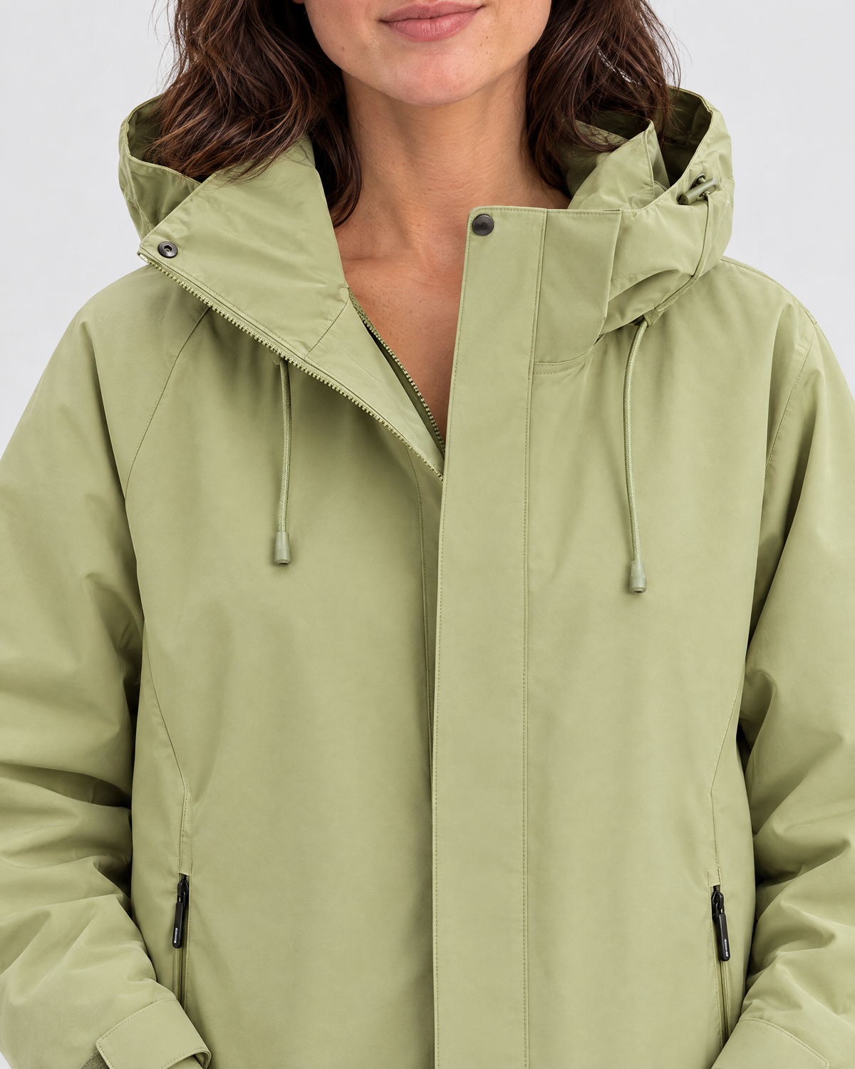 Women's Hooded Outdoor Jacket — Apple Green Single Jacket — collar detail [WB gallery 138/4]
