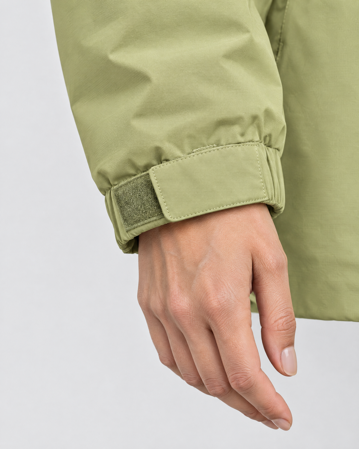 Women's Hooded Outdoor Jacket — Apple Green Single Jacket — cuff detail [WB gallery 138/5]