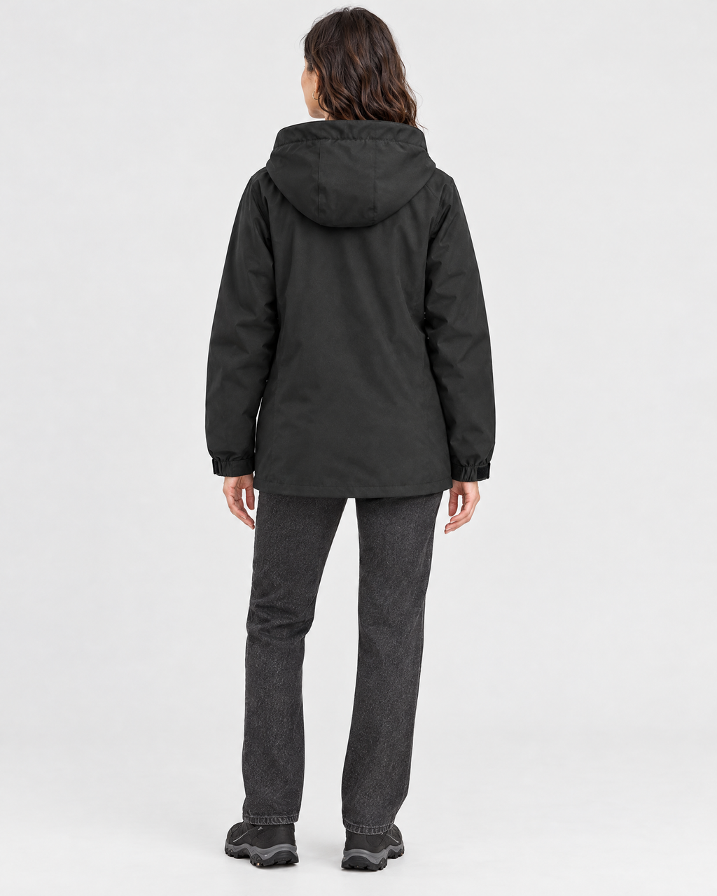 Women's Hooded Outdoor Jacket — Black single jacket — full back [WB gallery 139/3]
