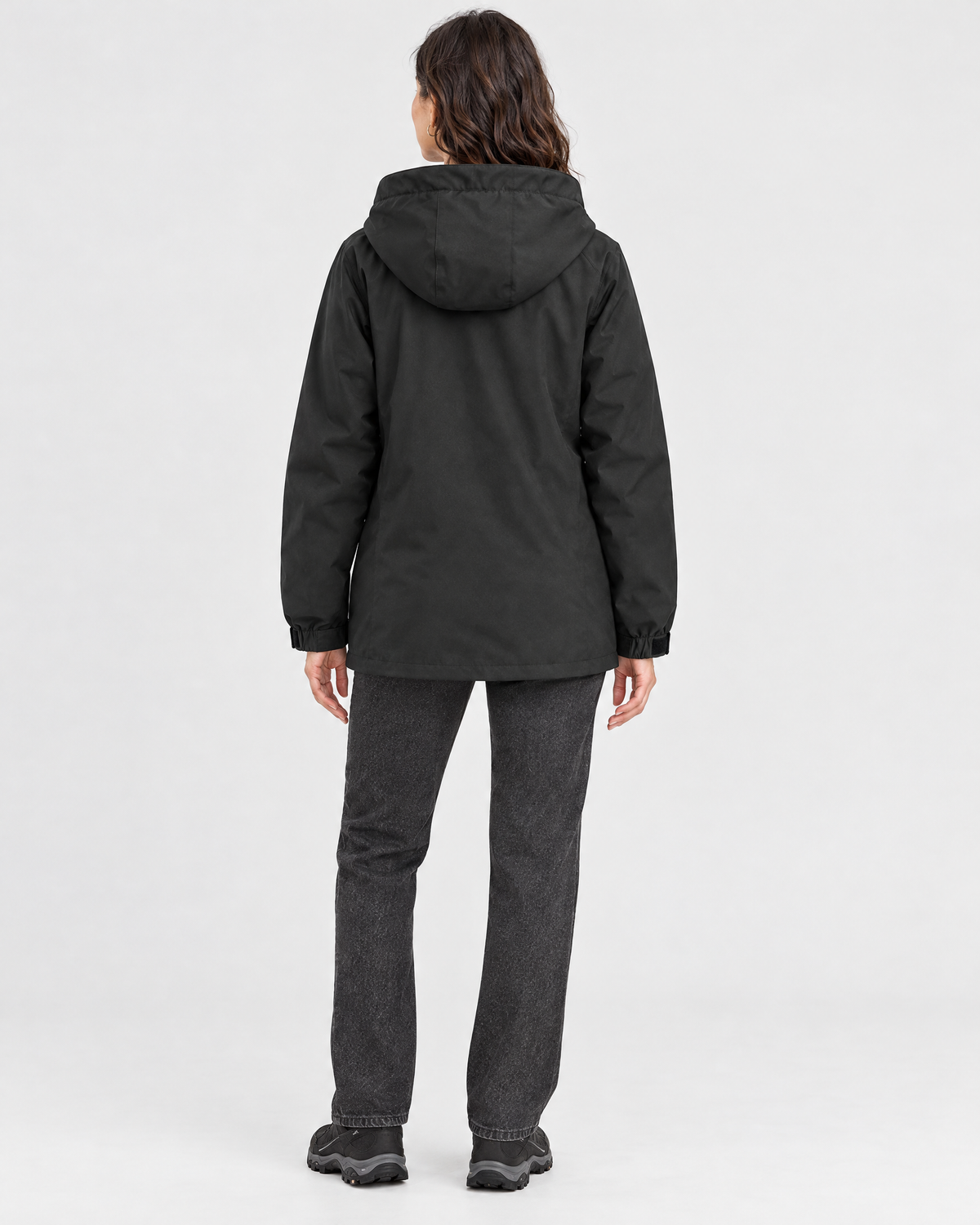 Women's Hooded Outdoor Jacket — Black single jacket — full back [WB gallery 139/3]