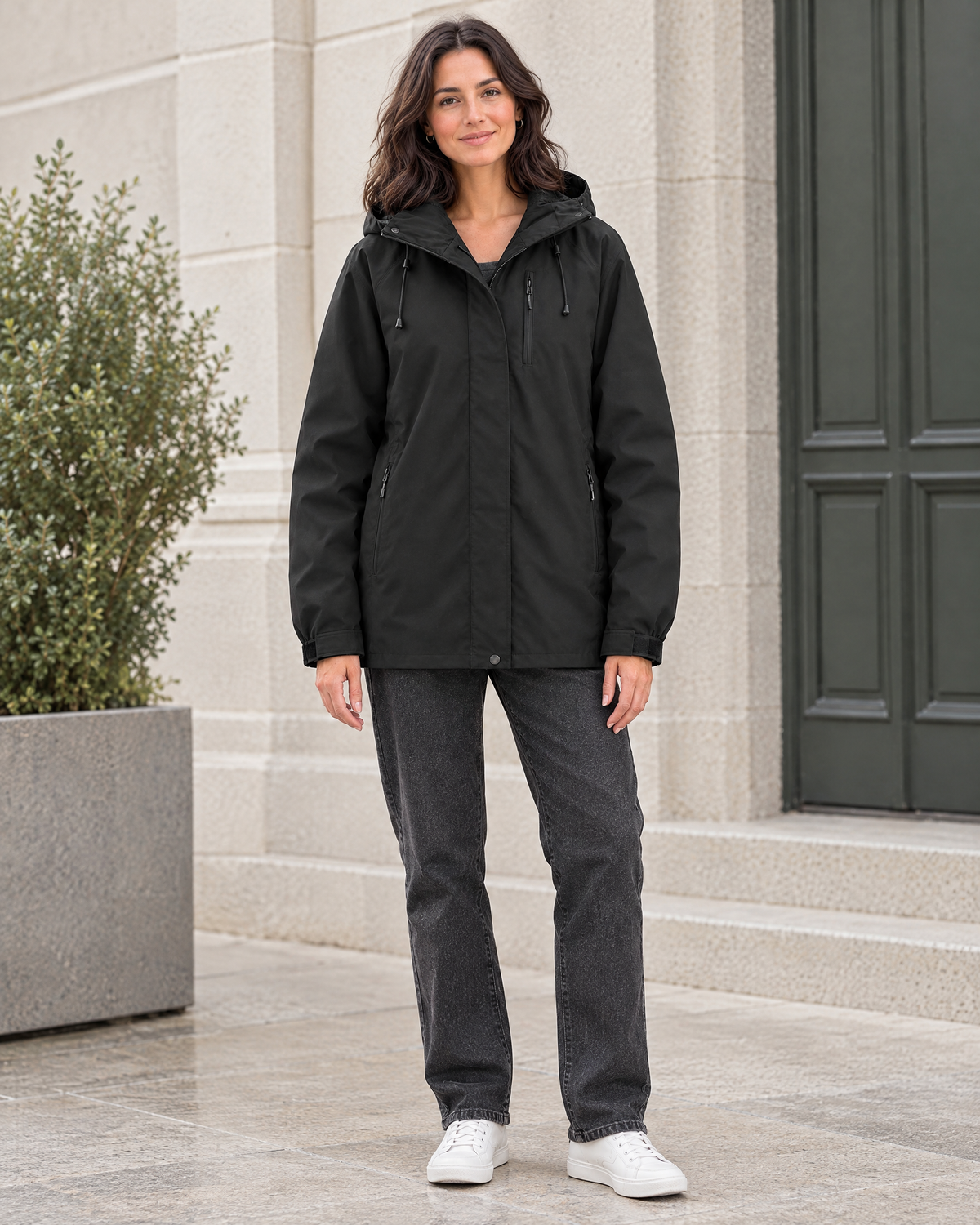 Women's Hooded Outdoor Jacket — Black single jacket — full front [WB gallery 139/2]