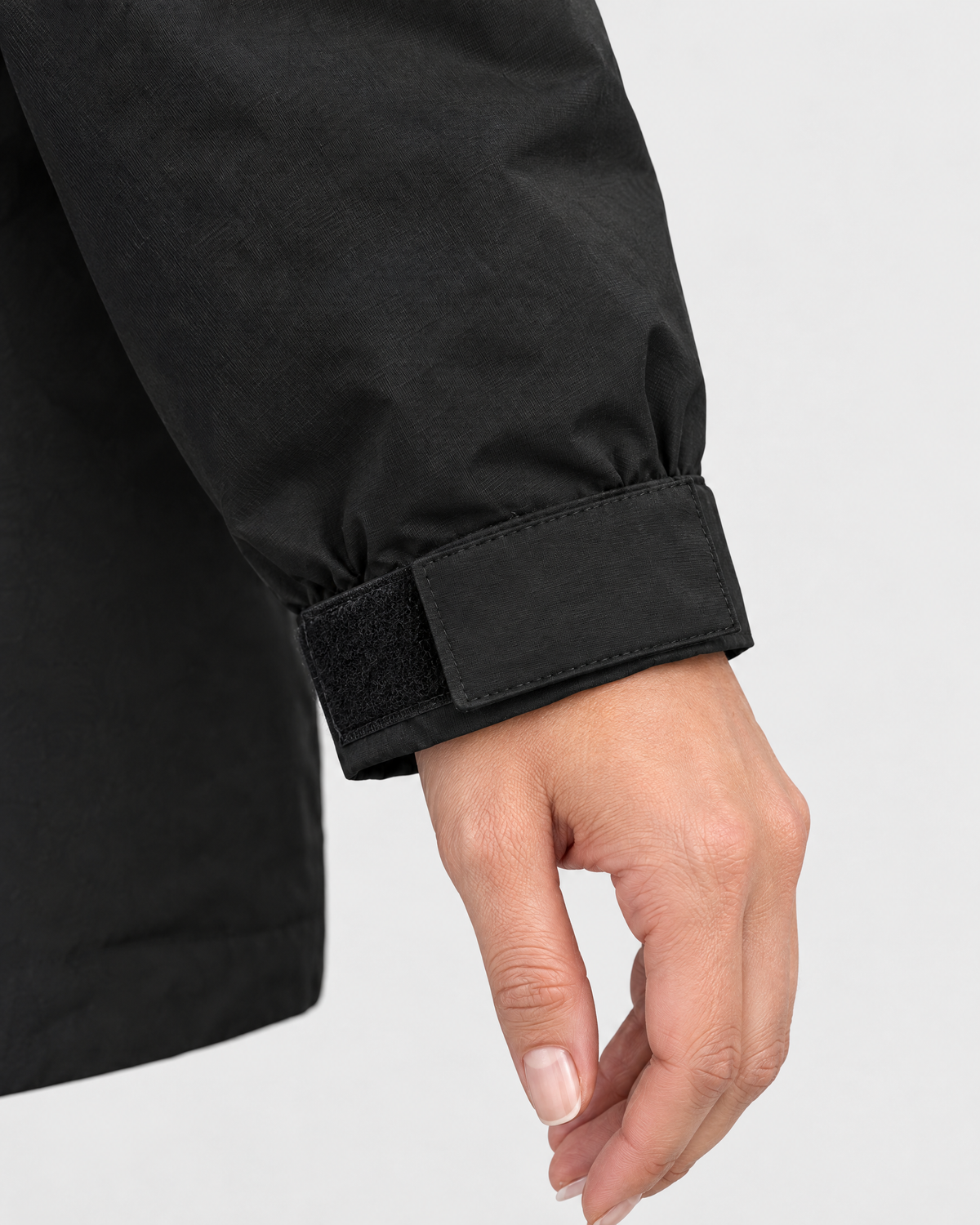 Women's Hooded Outdoor Jacket — Black single jacket — cuff detail [WB gallery 139/5]
