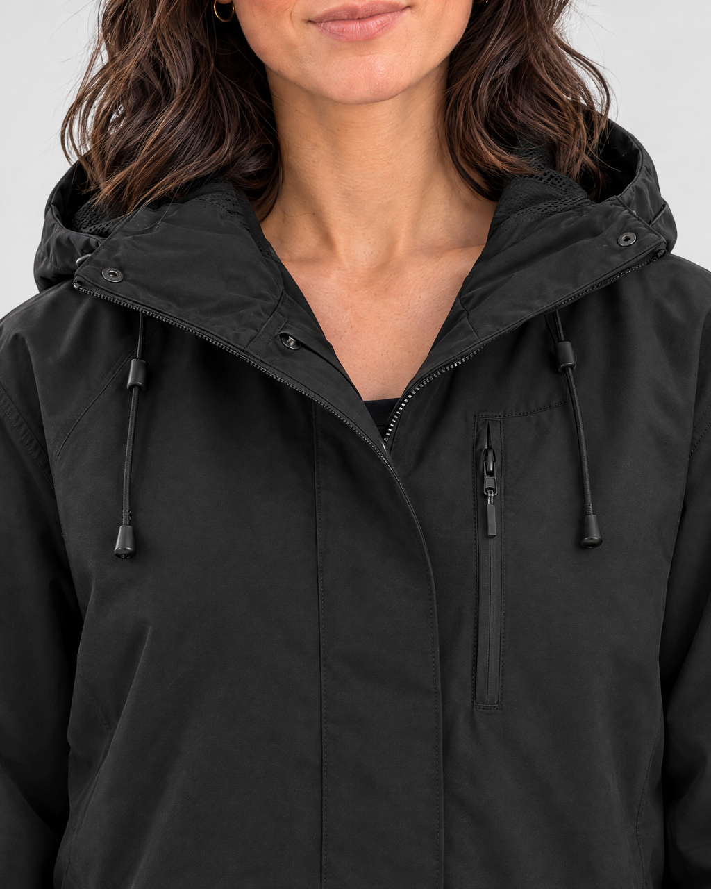 Women's Hooded Outdoor Jacket — Black single jacket — collar detail [WB gallery 139/4]