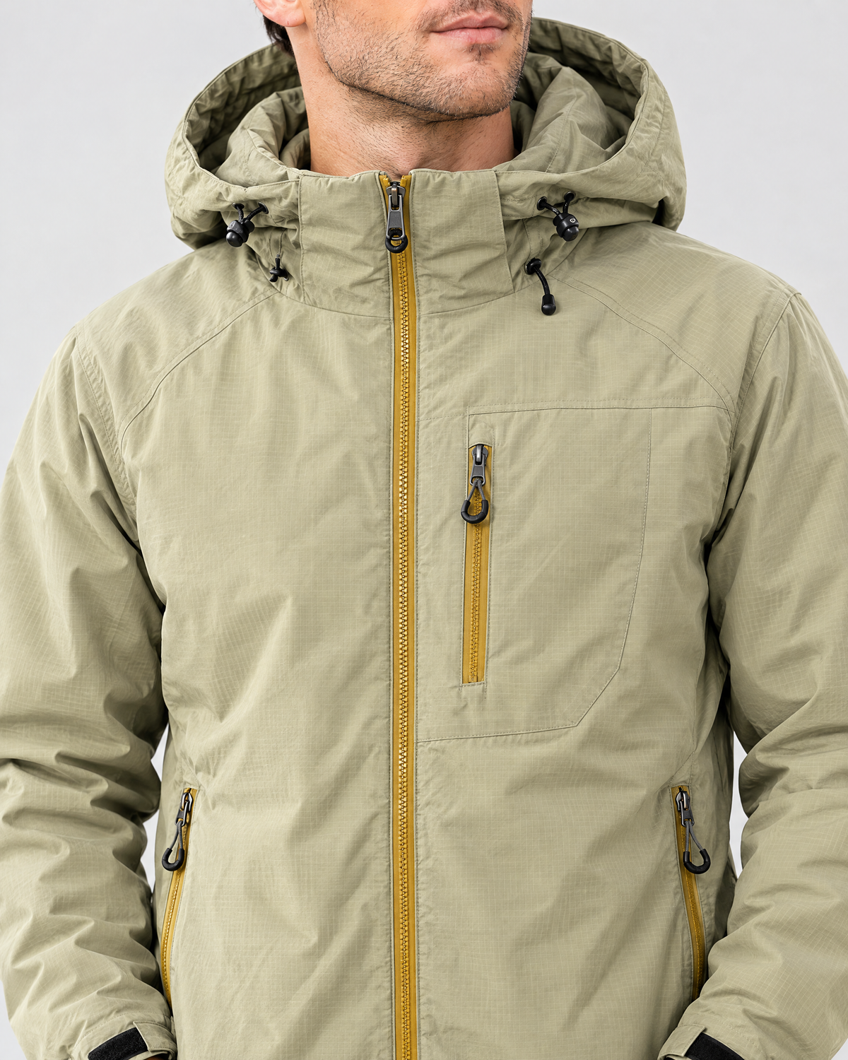 Men's Hooded Outdoor Jacket — Gravel apricot — collar detail [WB gallery 142/4]