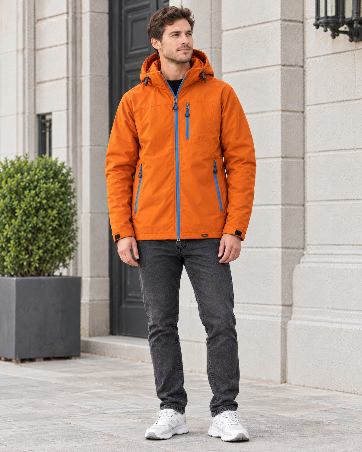 Men's Hooded Outdoor Jacket — Sunset orange — full front [WB gallery 143/2]