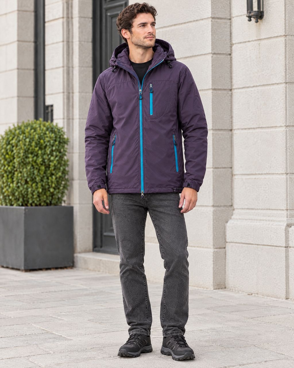 Men's Hooded Outdoor Jacket — Dark night purple — full front [WB gallery 144/2]