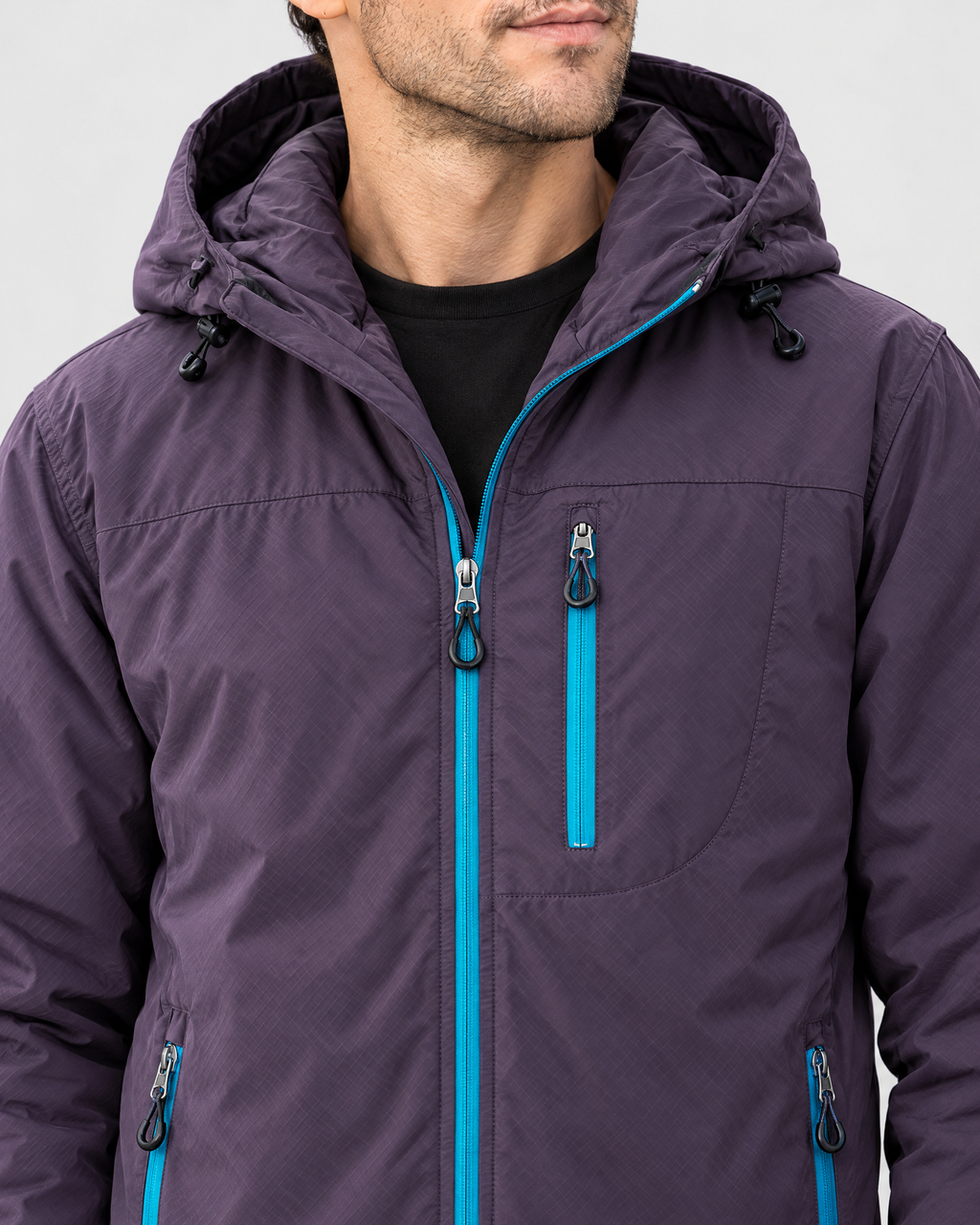Men's Hooded Outdoor Jacket — Dark night purple — collar detail [WB gallery 144/4]