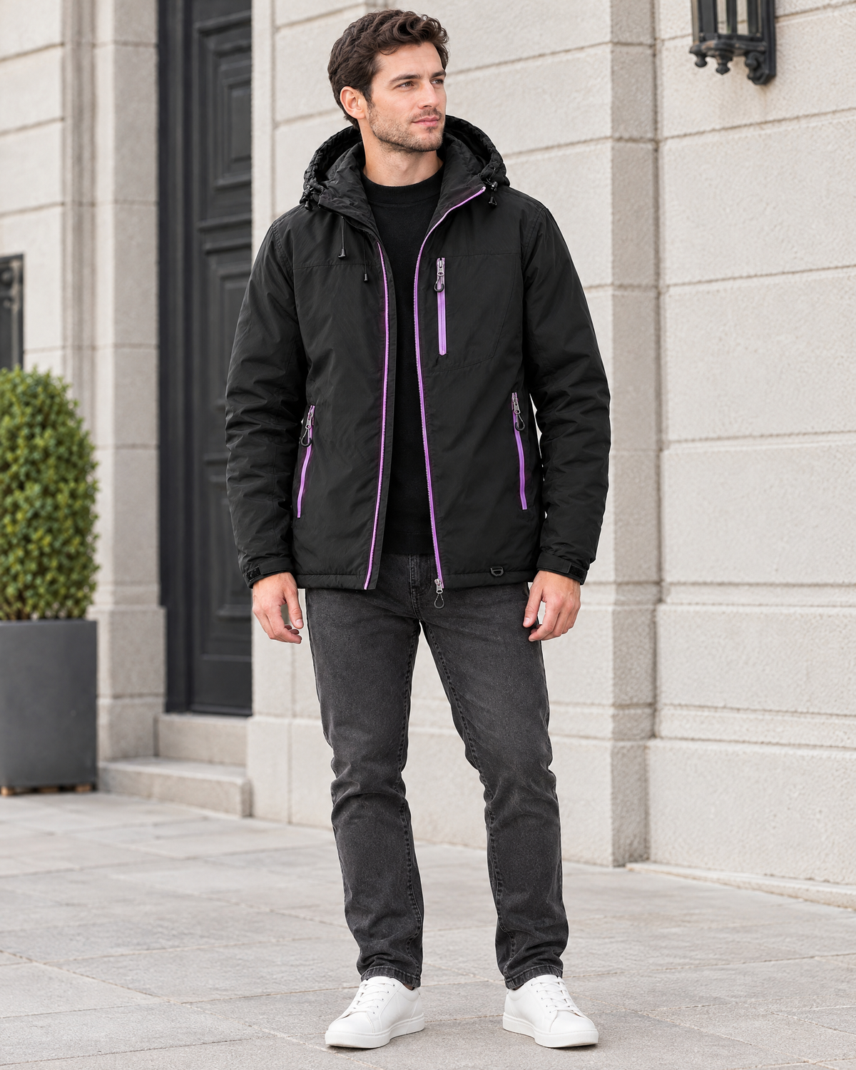 Men's Hooded Outdoor Jacket — Amber black — full front [WB gallery 145/2]