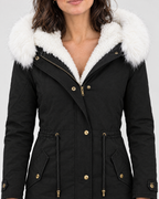 Women's Fleece-Lined Hooded Coat — Black — collar detail [WB gallery 146/4]
