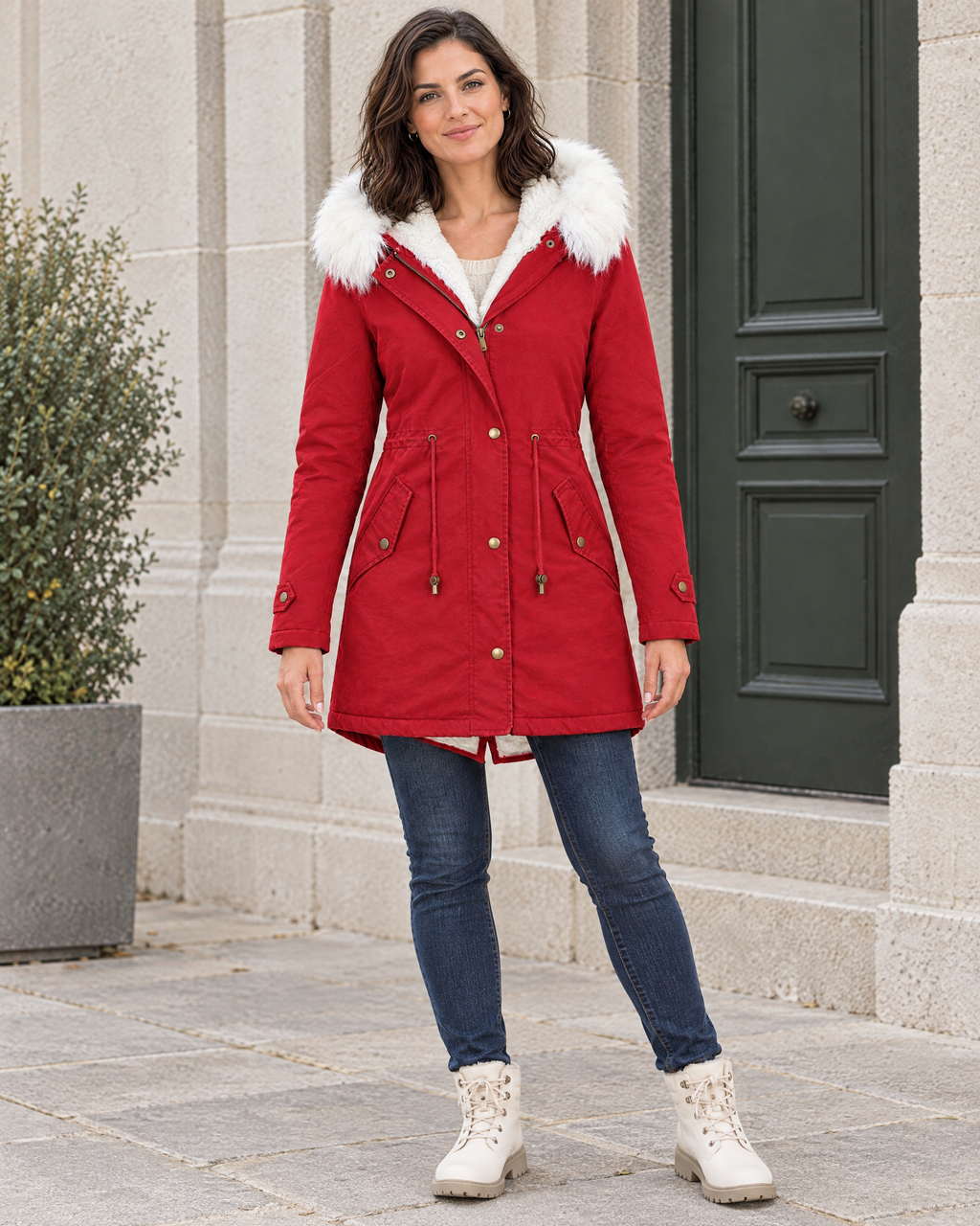 Women's Fleece-Lined Hooded Coat — Red — full front [WB gallery 147/2]