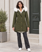 Women's Fleece-Lined Hooded Coat — Army Green — full front [WB gallery 149/2]