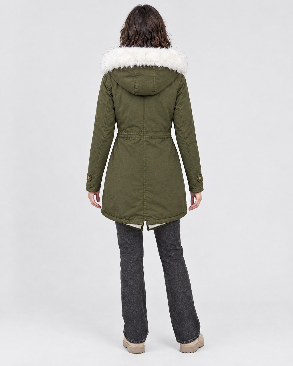 Women's Fleece-Lined Hooded Coat — Army Green — full back [WB gallery 149/3]