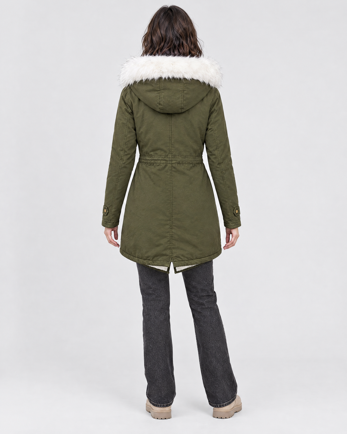 Women's Fleece-Lined Hooded Coat — Army Green — full back [WB gallery 149/3]