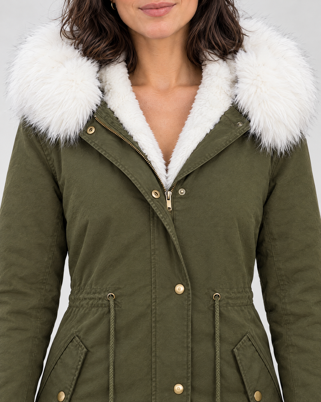 Women's Fleece-Lined Hooded Coat — Army Green — collar detail [WB gallery 149/4]
