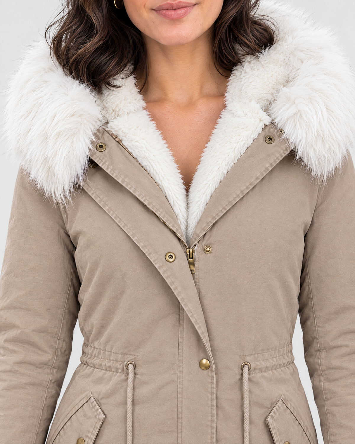 Women's Fleece-Lined Hooded Coat — Khaki — collar detail [WB gallery 150/4]