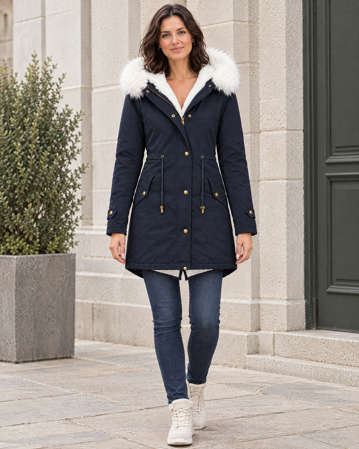 Women's Fleece-Lined Hooded Coat — Navy blue — full front [WB gallery 151/2]
