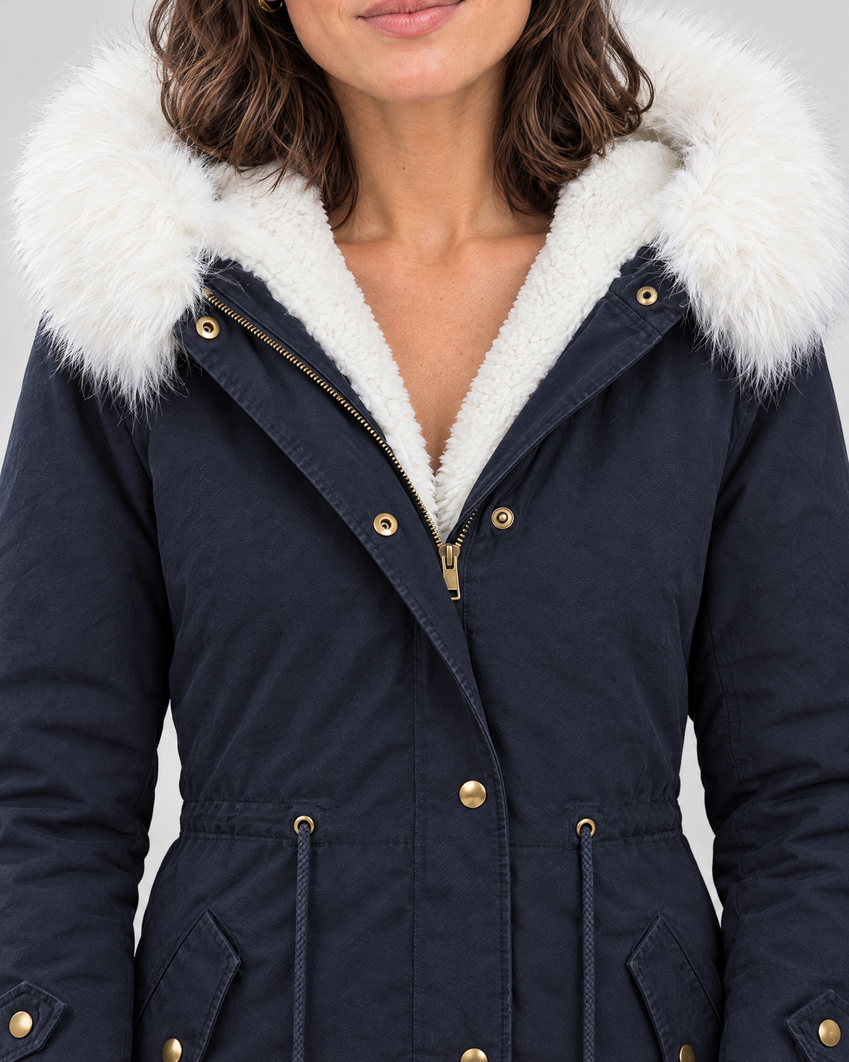 Women's Fleece-Lined Hooded Coat — Navy blue — collar detail [WB gallery 151/4]