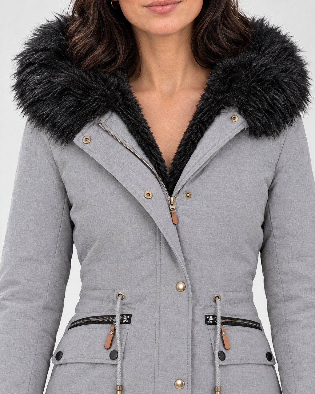 Women's Plush-Trim Hooded Parka — Grey — collar detail [WB gallery 152/4]