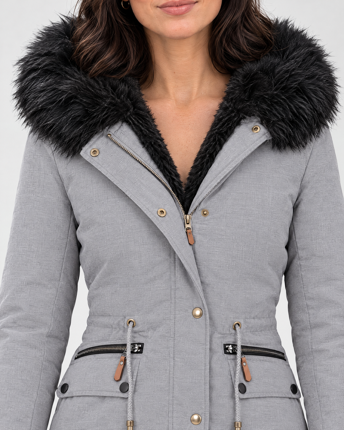 Women's Plush-Trim Hooded Parka — Grey — collar detail [WB gallery 152/4]