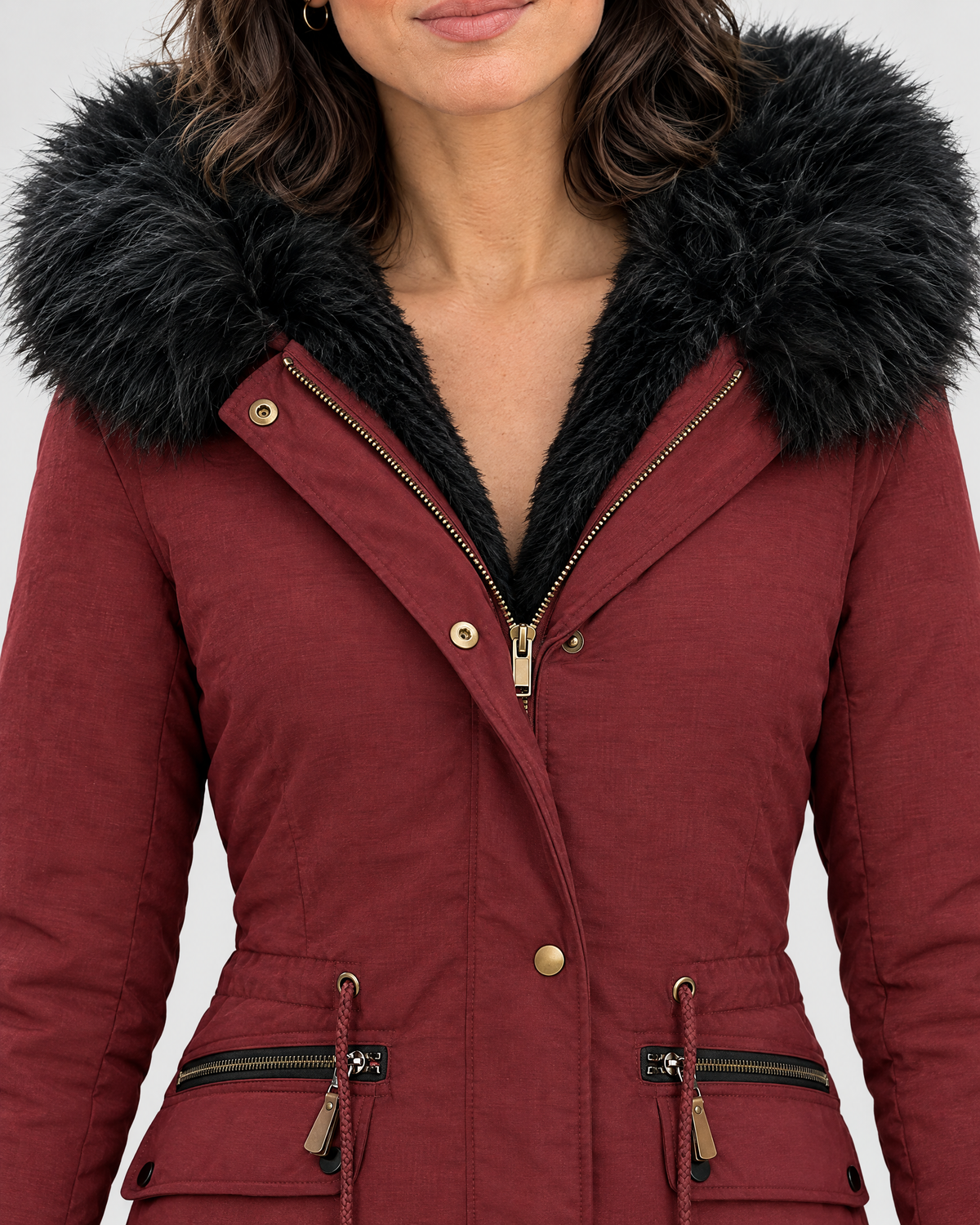Women's Plush-Trim Hooded Parka — Wine red — collar detail [WB gallery 155/4]