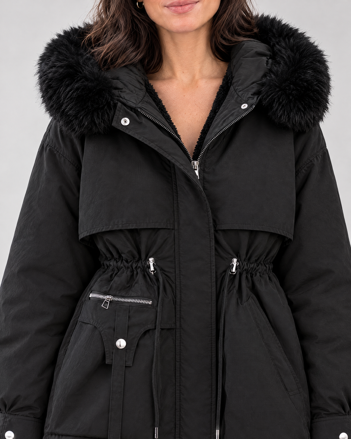 Women's Cinched-Waist Padded Parka — Black — collar detail [WB gallery 157/4]