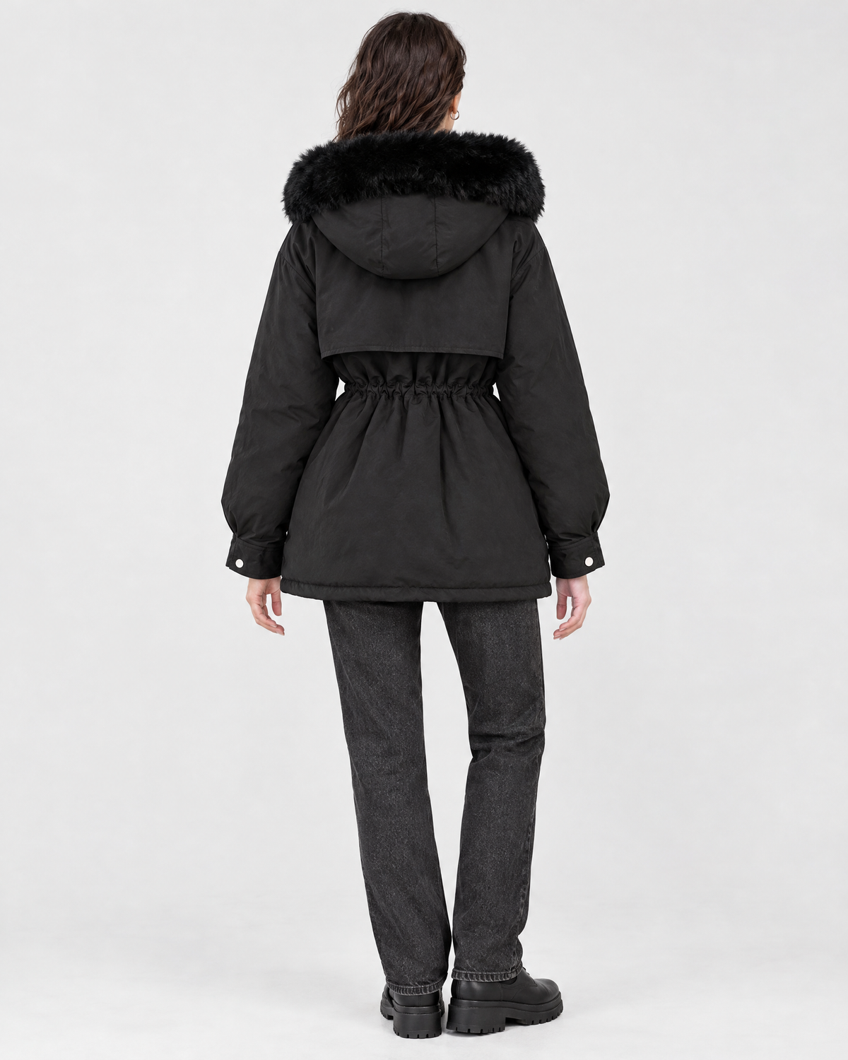 Women's Cinched-Waist Padded Parka — Black — full back [WB gallery 157/3]