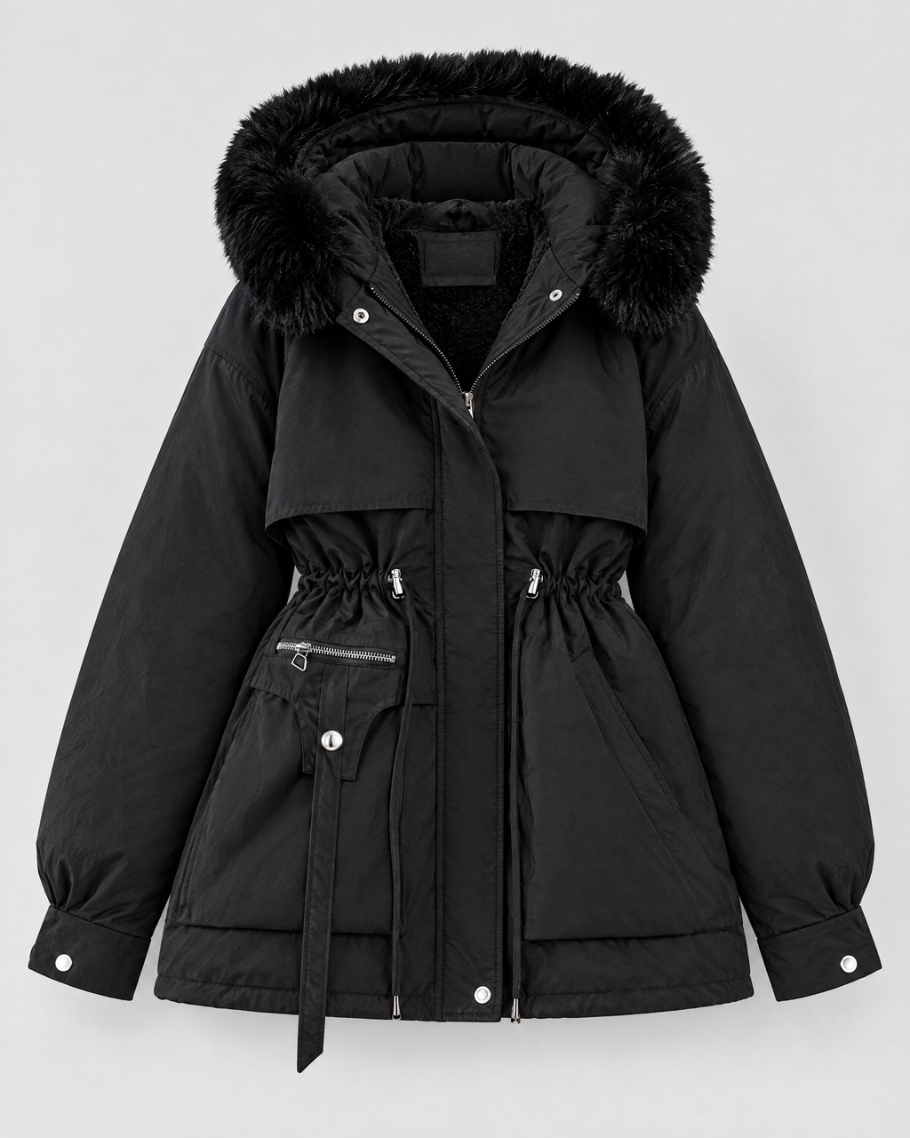 Women's Cinched-Waist Padded Parka — Black — product front [WB gallery 157/6]