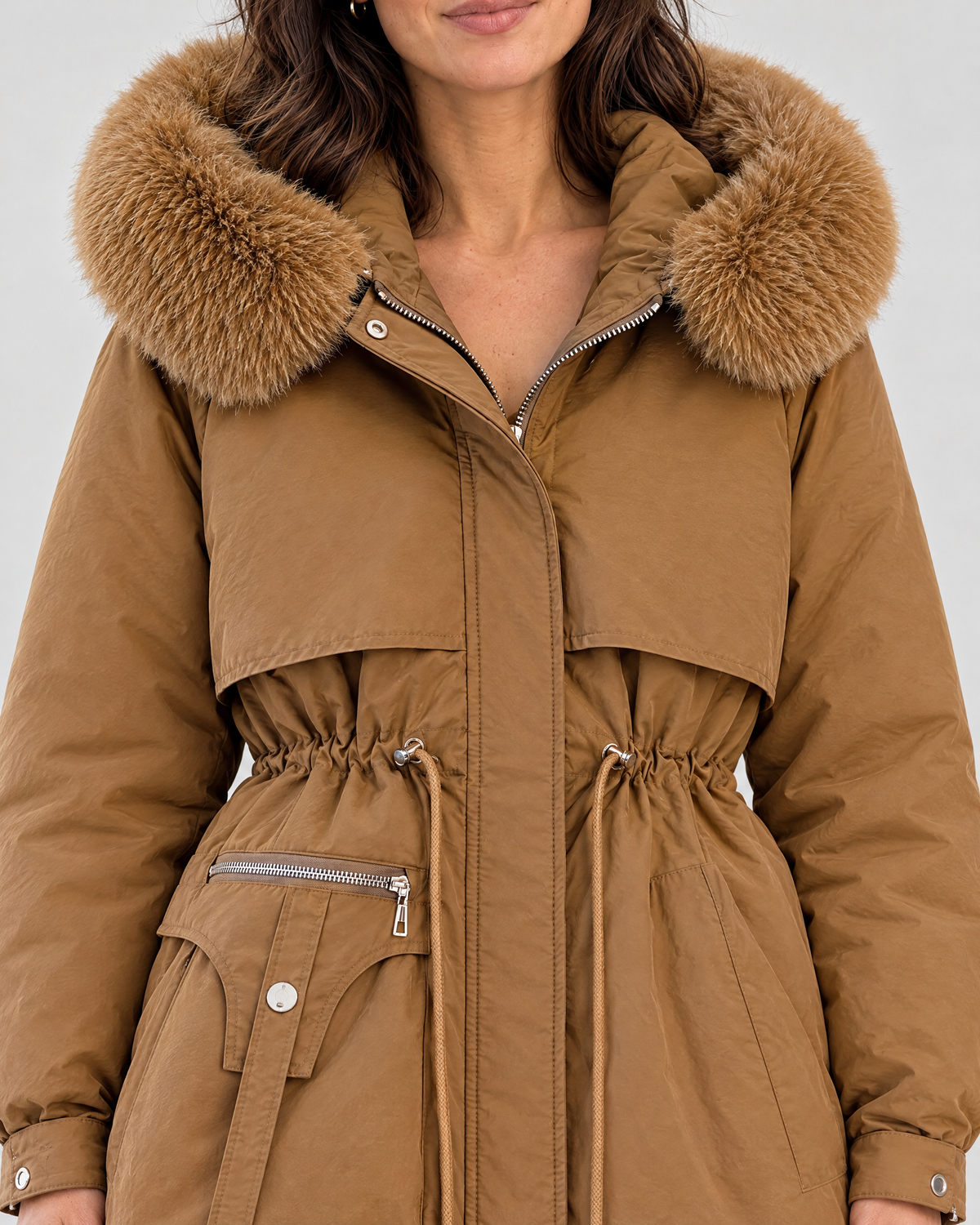 Women's Cinched-Waist Padded Parka — Brown — collar detail [WB gallery 160/4]