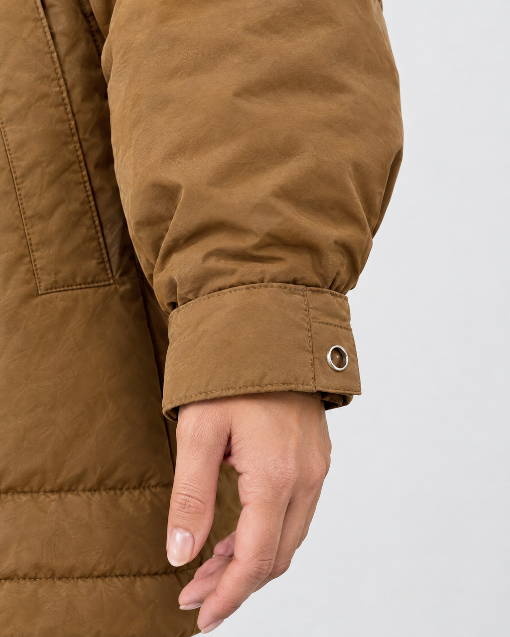 Women's Cinched-Waist Padded Parka — Brown — cuff detail [WB gallery 160/5]