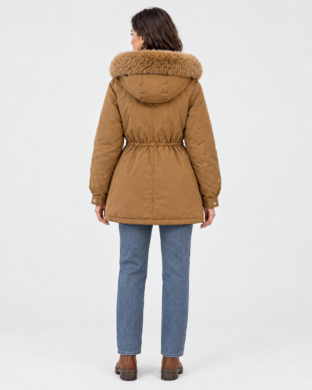 Women's Cinched-Waist Padded Parka — Brown — full back [WB gallery 160/3]