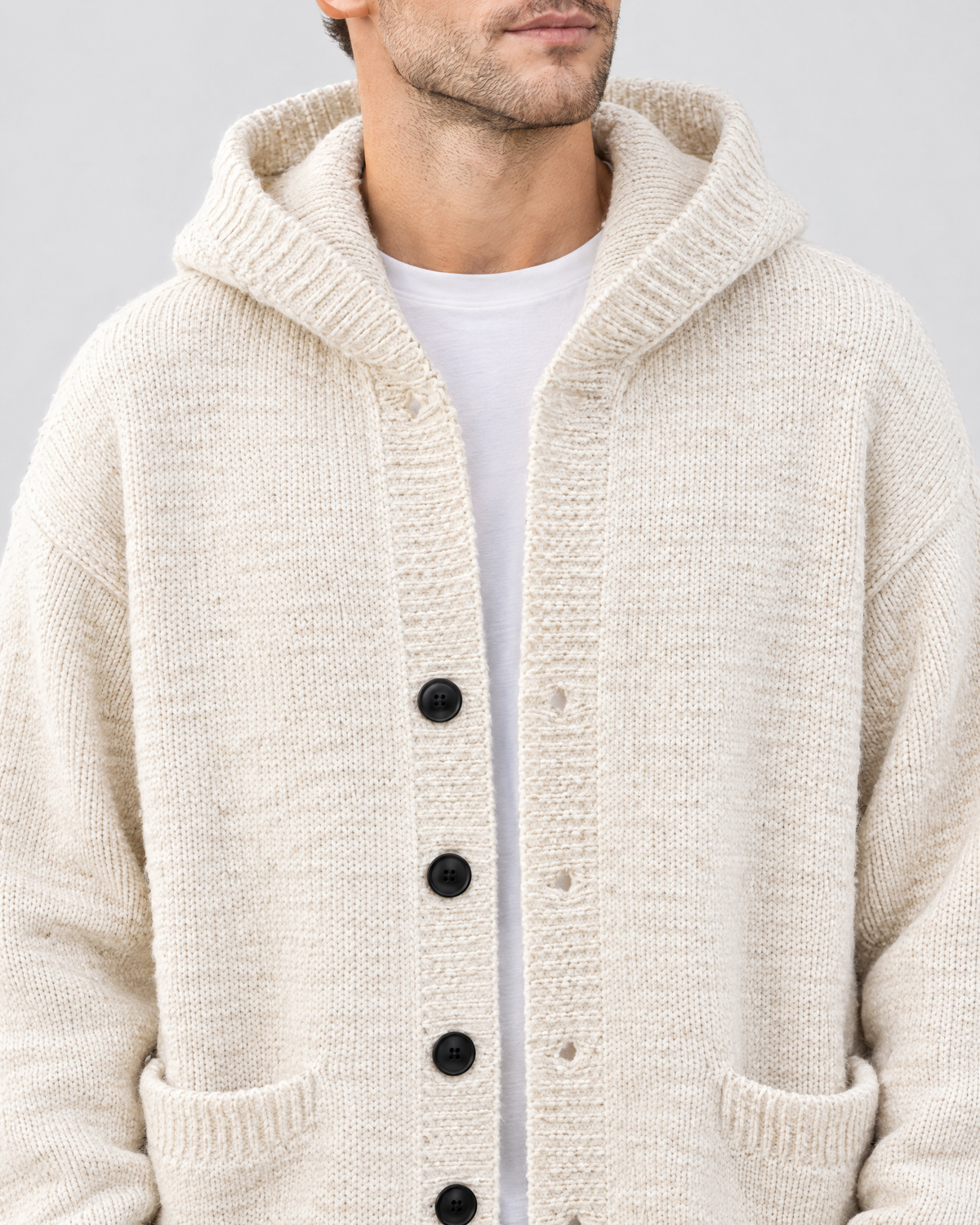 Men's Hooded Knit Cardigan — Apricot — collar detail [WB gallery 161/4]