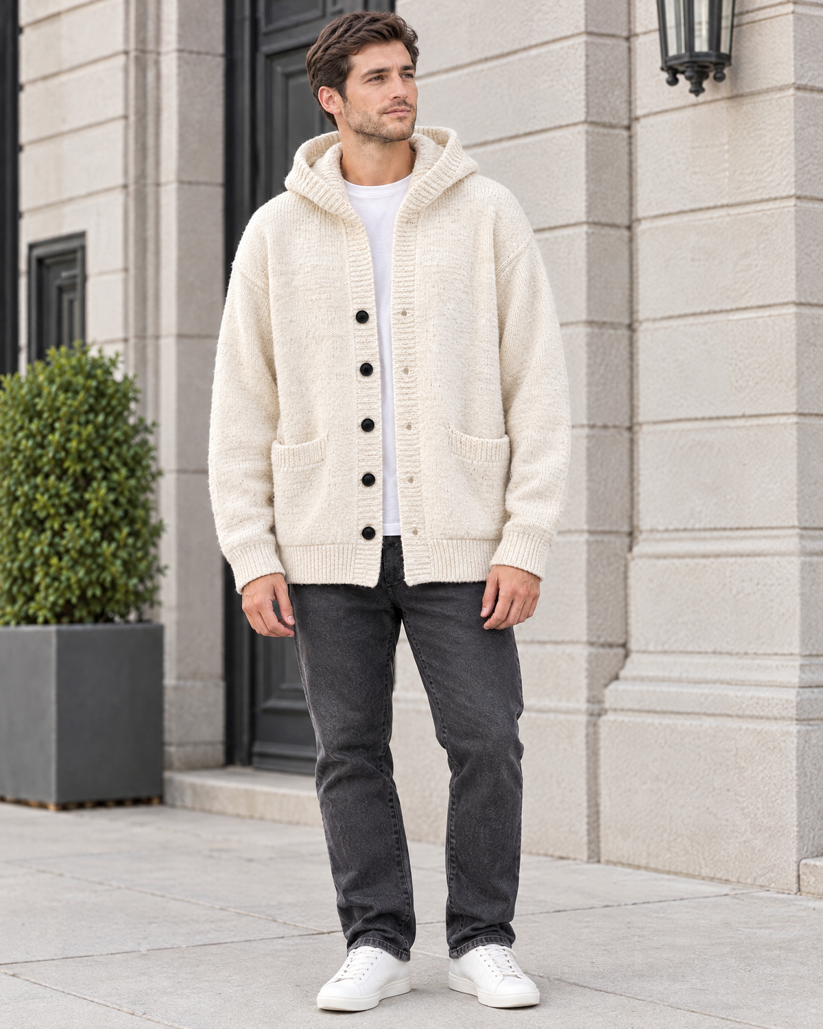 Men's Hooded Knit Cardigan — Apricot — full front [WB gallery 161/2]