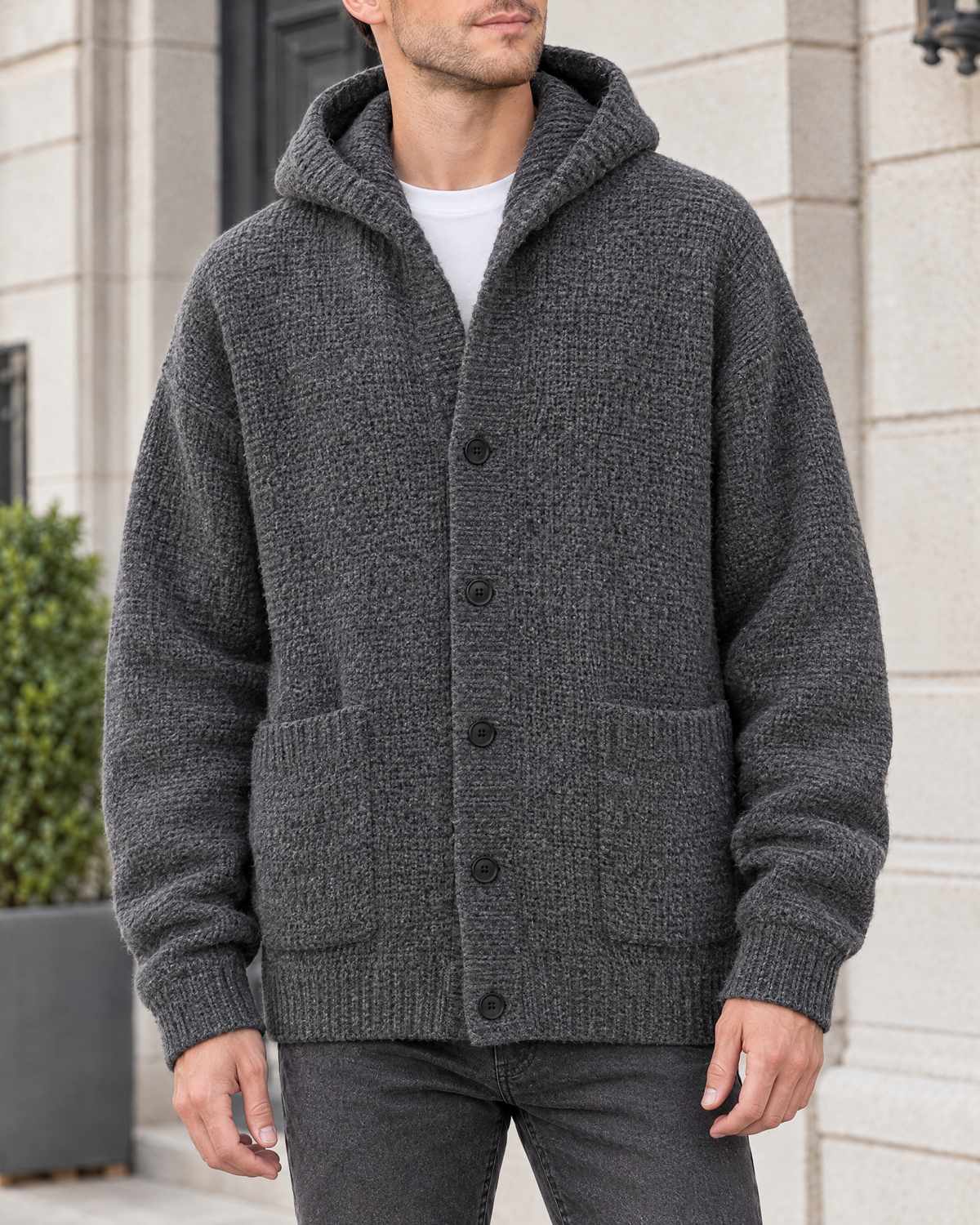 Men's Hooded Knit Cardigan — Dark Gray — hero [WB gallery 163/1]