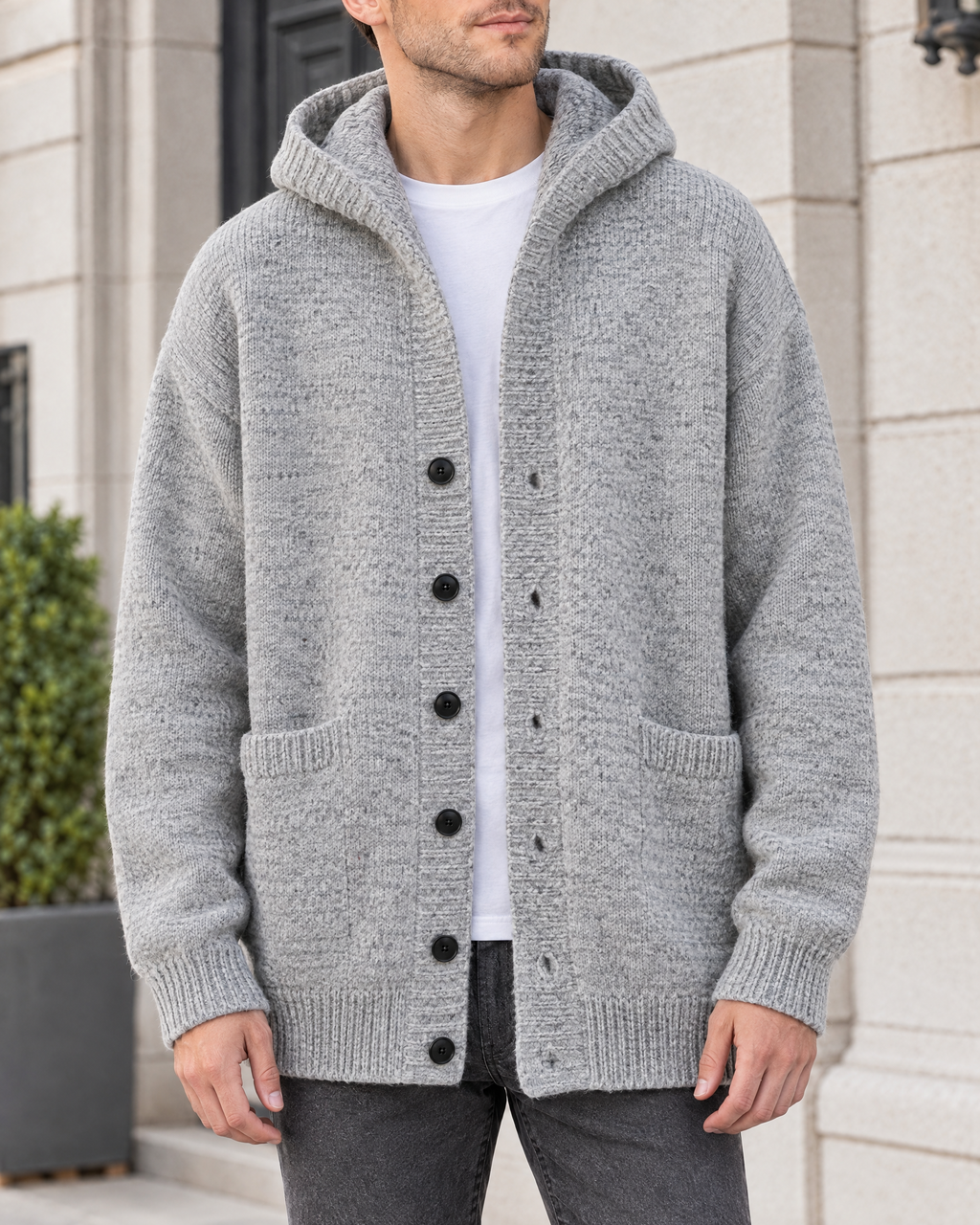 Men's Hooded Knit Cardigan — Light Gray — hero [WB gallery 162/1]
