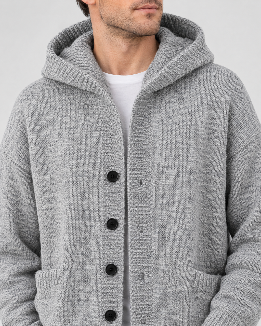 Men's Hooded Knit Cardigan — Light Gray — collar detail [WB gallery 162/4]