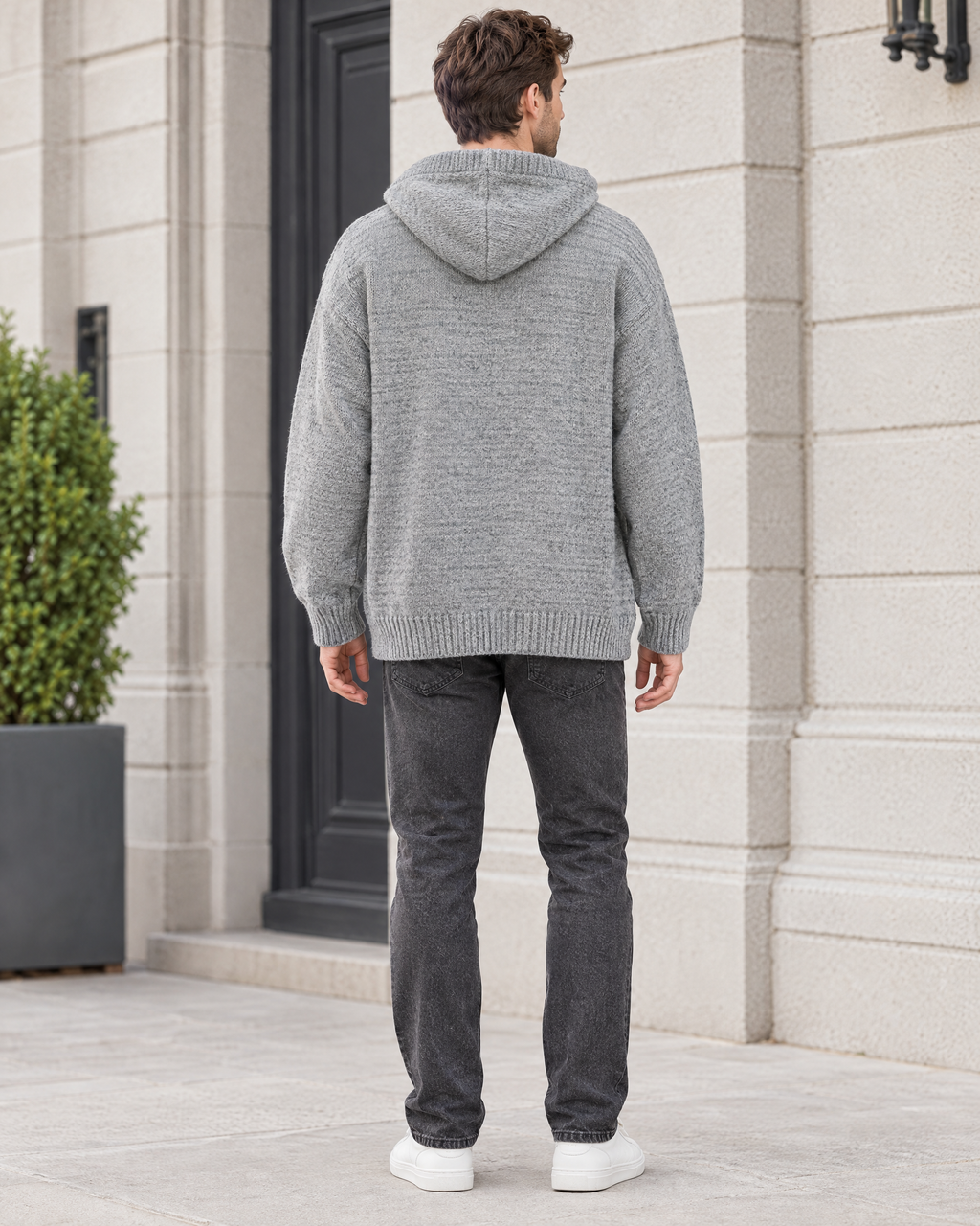 Men's Hooded Knit Cardigan — Light Gray — full back [WB gallery 162/3]