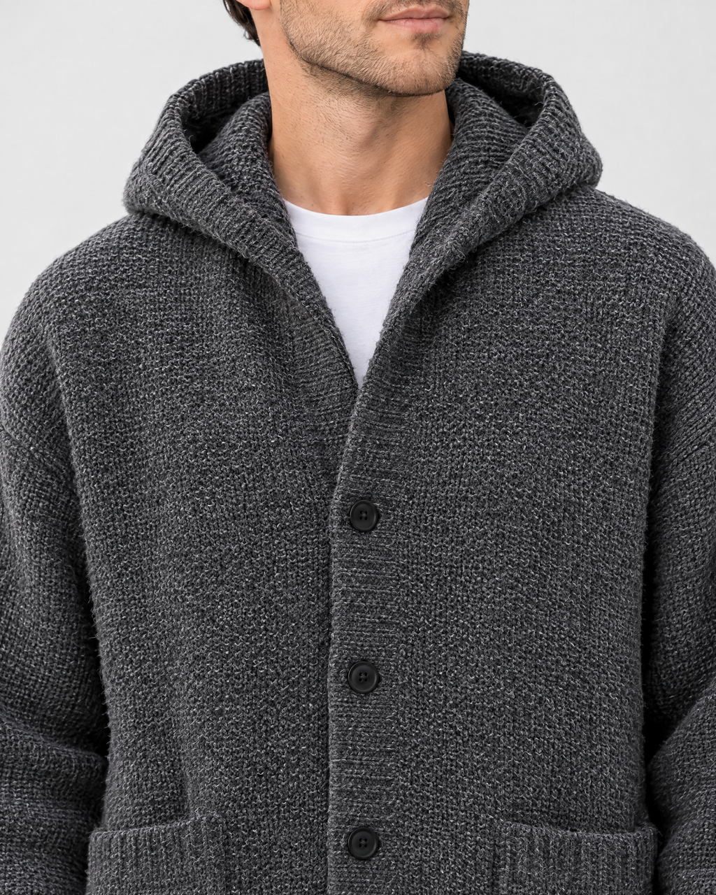 Men's Hooded Knit Cardigan — Dark Gray — collar detail [WB gallery 163/4]