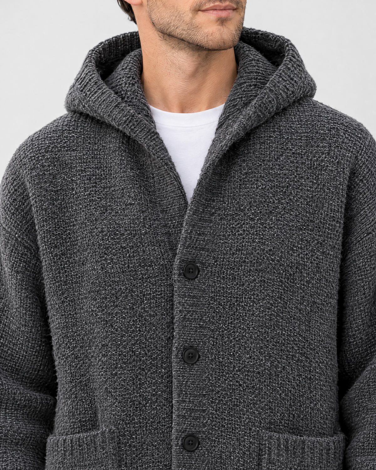 Men's Hooded Knit Cardigan — Dark Gray — collar detail [WB gallery 163/4]
