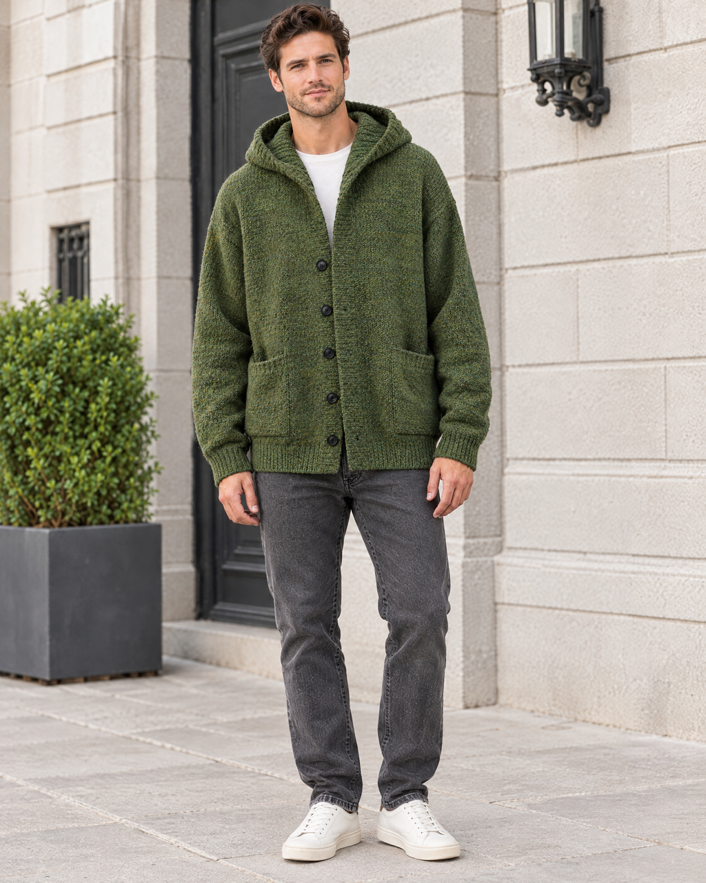 Men's Hooded Knit Cardigan — Green — full front [WB gallery 164/2]
