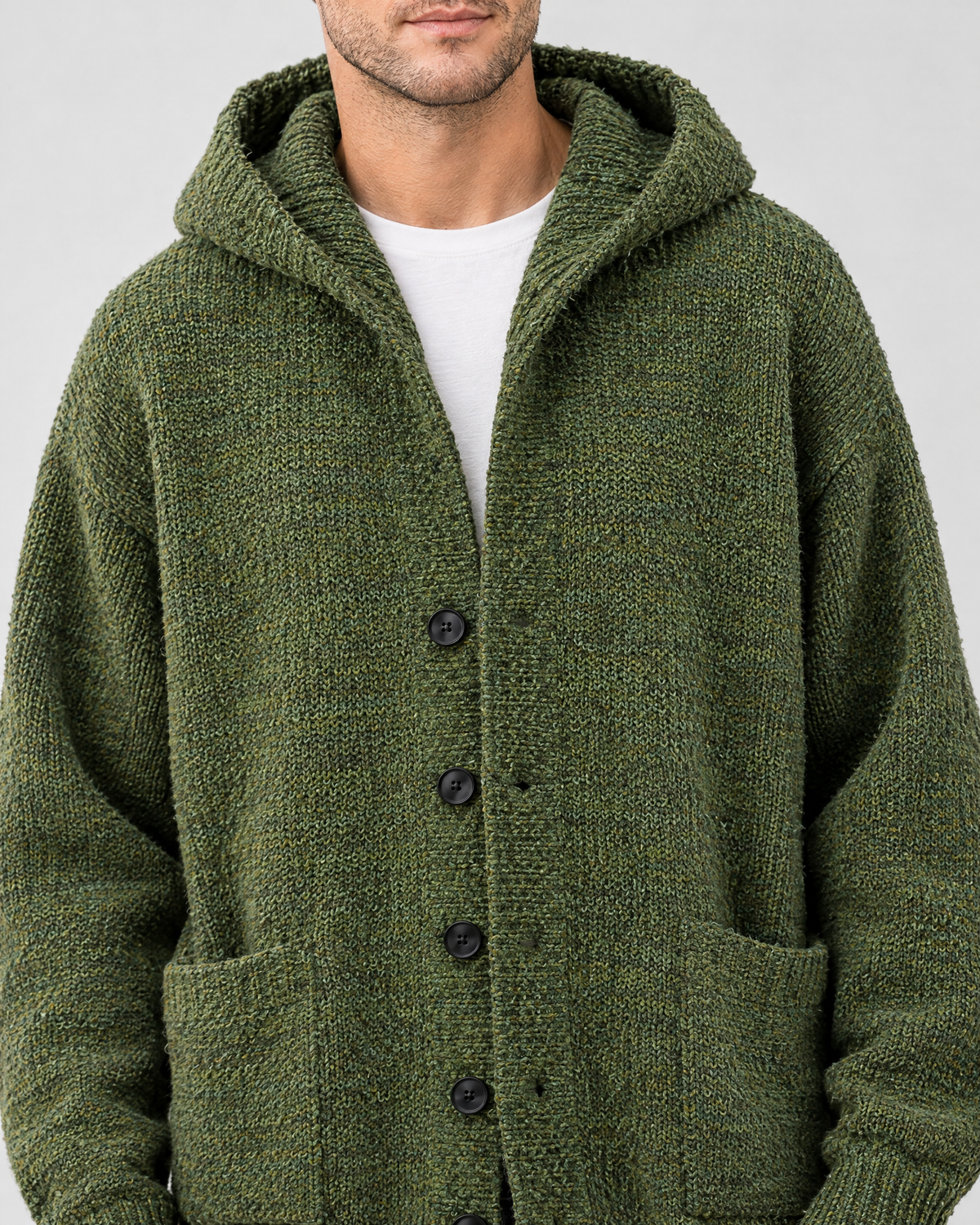 Men's Hooded Knit Cardigan — Green — collar detail [WB gallery 164/4]