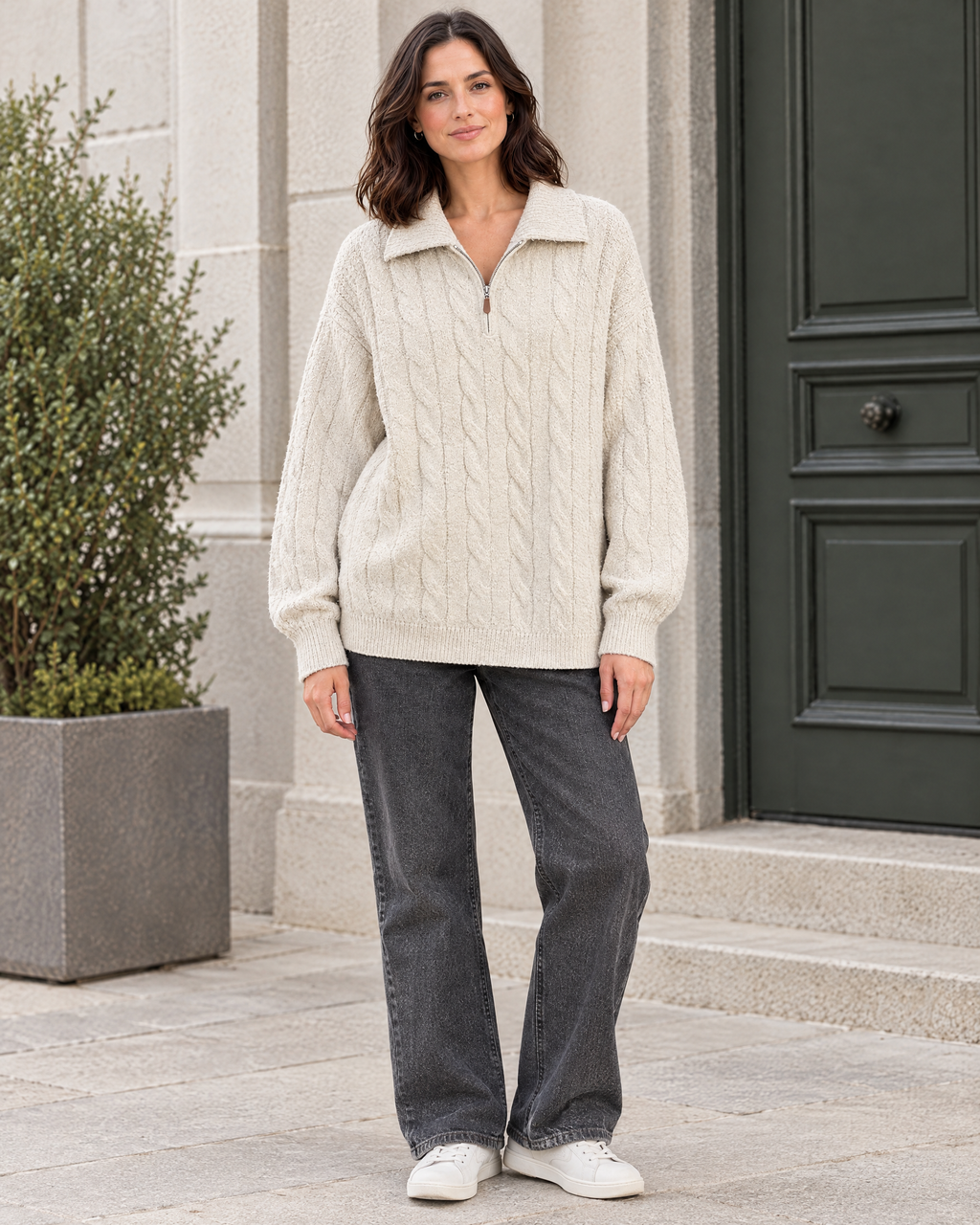 Women's Cable-Knit Quarter-Zip Sweater — Apricot — full front [WB gallery 166/2]