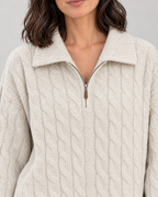 Women's Cable-Knit Quarter-Zip Sweater — Apricot — collar detail [WB gallery 166/4]