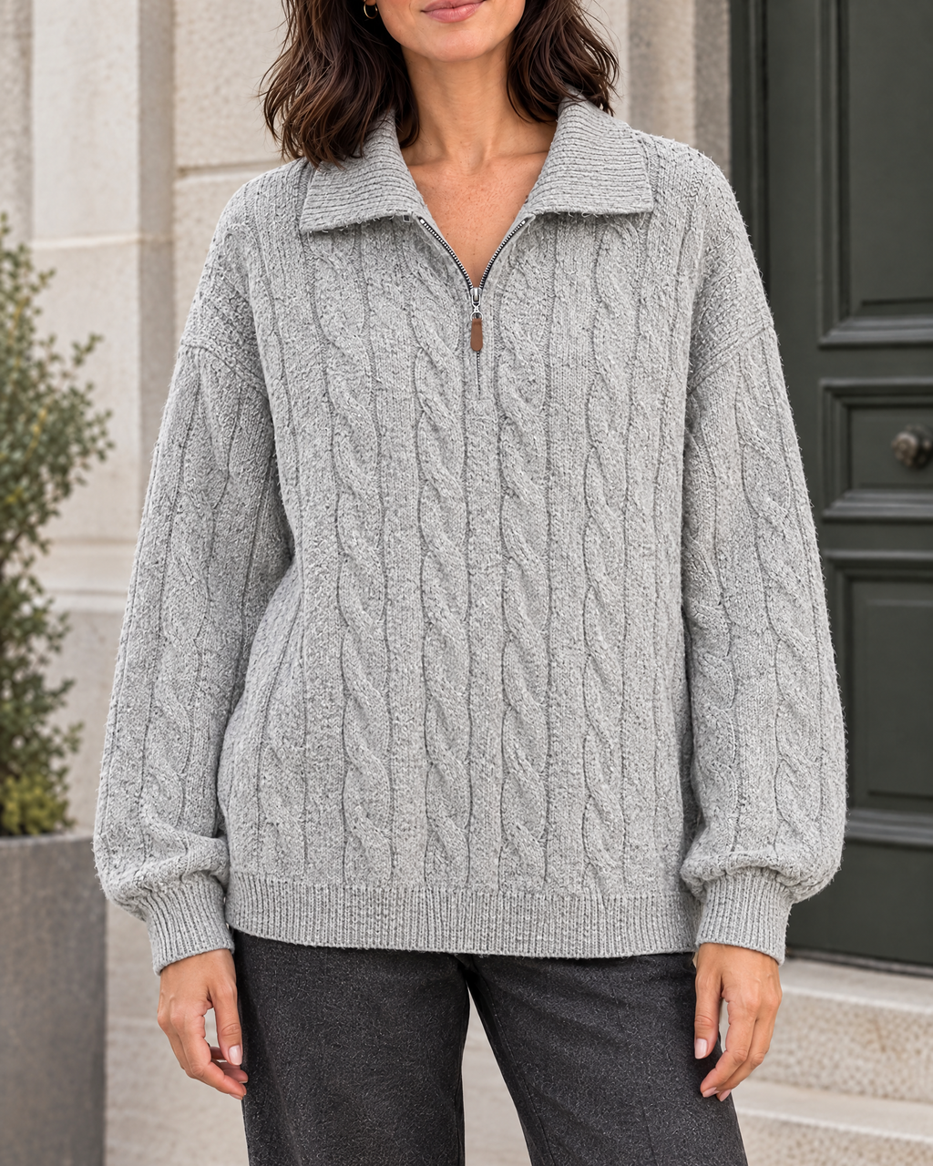 Women's Cable-Knit Quarter-Zip Sweater — Light gray — hero [WB gallery 167/1]